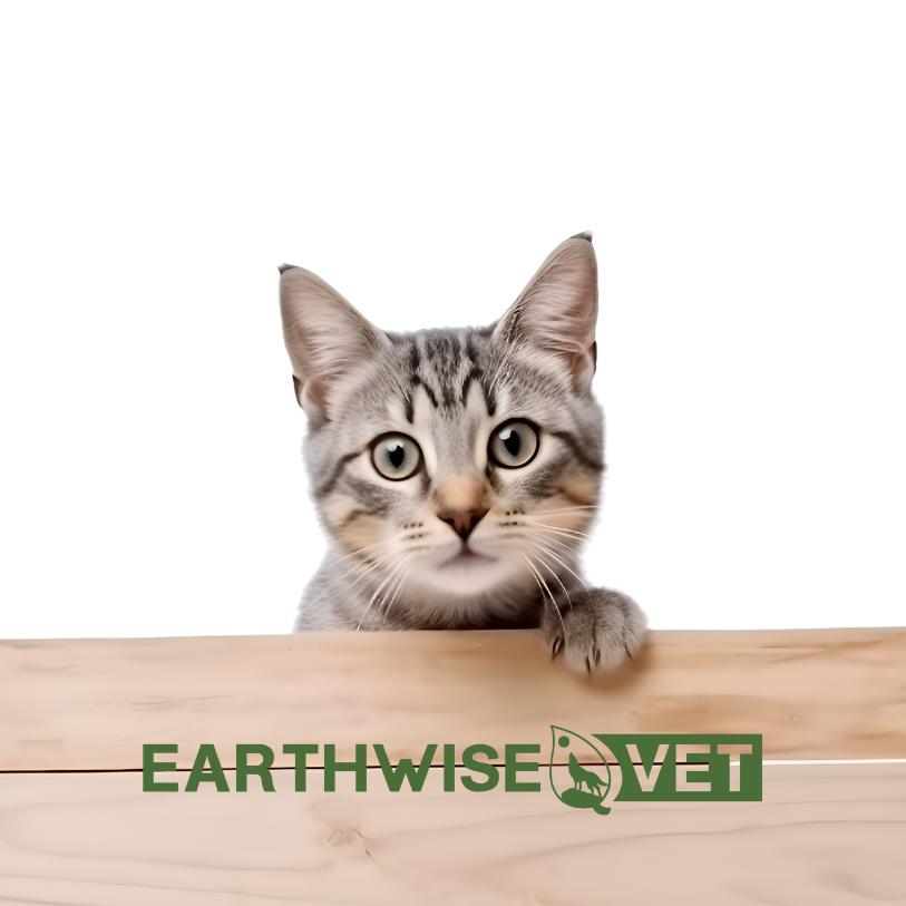 A little tabby cat peering over a wooden sign that has the EarthWise Pet logo on it
