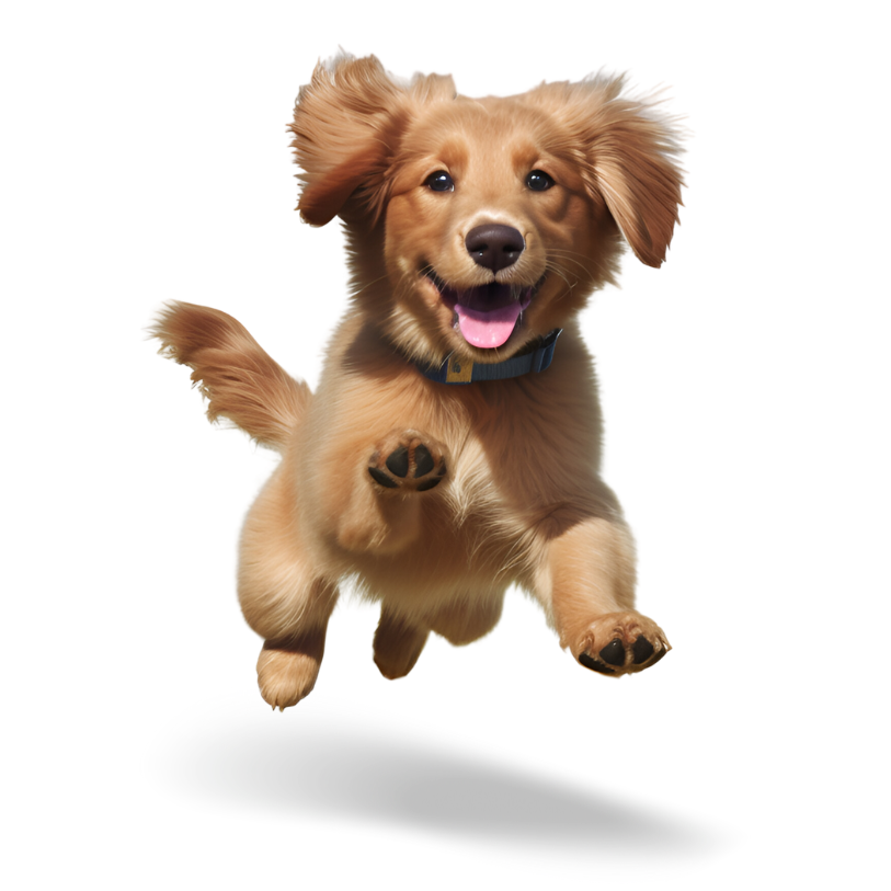 Little brown puppy in mid air, running toward the camera with no background