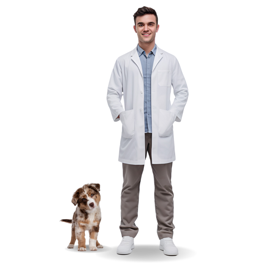 Call a male veterinarian, standing with his hands in his pockets with a little Australian shepherd puppy standing to his right
